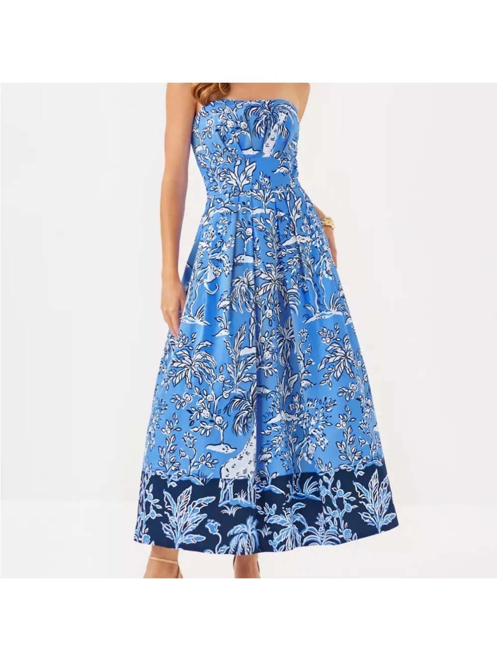 Lilly Pulitzer Strapless Blue Botanical Border Midi Dress